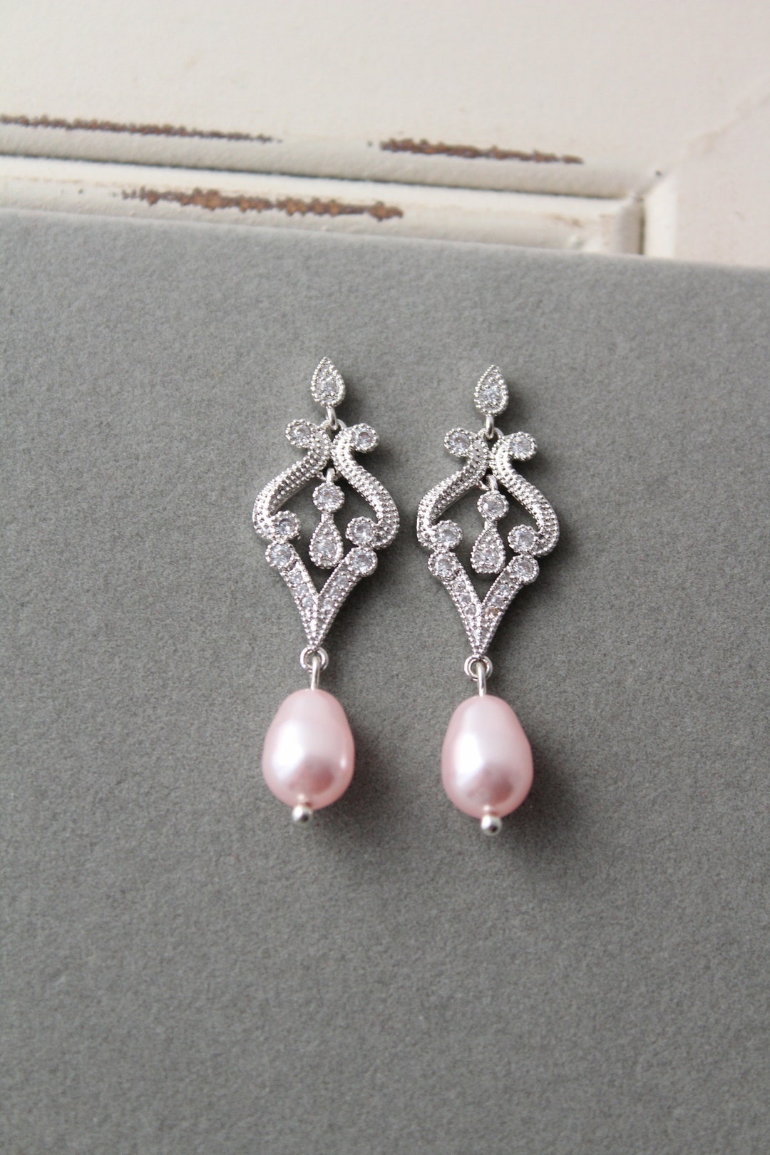 Silver Pink Pearl Drop Bridal Earrings Rose Gold Pink Wedding Earrings