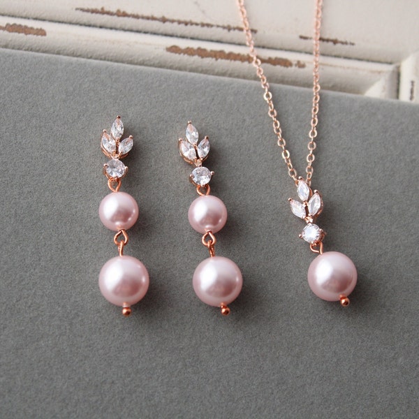 Rose Gold Pink Bridal Jewellery Set, Blush Pearl Drop earrings and necklace ,Wedding Earrings, Bridal  Earrings Gift Wedding Jewelry Set