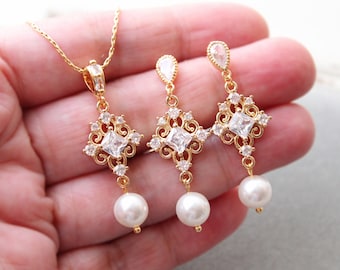 Bridal Jewellery Set: Pearl Gold Wedding Jewellery For Bride, Bridal Earrings and Necklace, Regency