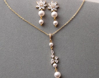 Gold Floral Bridal Jewelry Set: Pearl Drop Wedding Jewellery Set For Bride, Regency