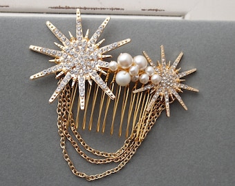 Gold Celestial Star Hair Comb, Star Bridal Headpiece ,Wedding Hair Comb, Art Deco Hair Comb ,Celestial Hair Accessory, Snowflake