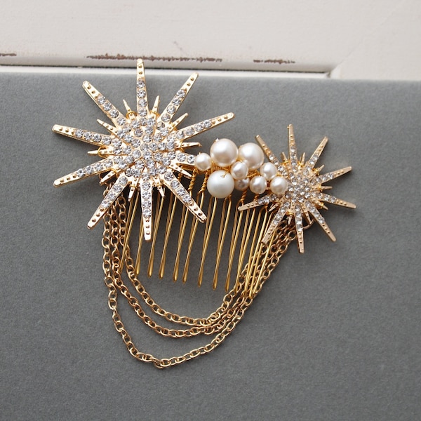 Gold Celestial Star Hair Comb, Star Bridal Headpiece ,Wedding Hair Comb, Art Deco Hair Comb ,Celestial Hair Accessory, Snowflake