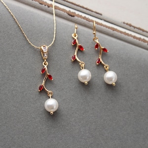 Gold Red Leaf Bridal Jewellery Set:  Pearl Wedding Earrings, Vine Bridal Necklace, Wedding Jewelry Set  Boho