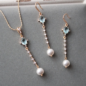 Gold Blue Bridal Jewellery Set: Pearl Drop Earrings Necklace, Something Blue Wedding Jewelry Set Nouveau