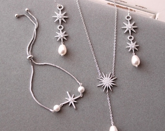 Starburst  Bridal Jewellery Set: Pearl Wedding Necklace, Star Earrings, Bracelet Celestial