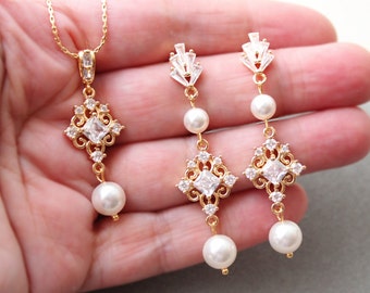 Bridal Jewellery Set: Pearl Gold Wedding Jewelry Set For Bride Nouveau Earrings Regency