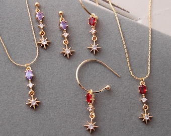 Delicate Gold Star Celestial Jewellery Set: Zircon Crystal Bridal Necklace & Earrings Bridesmaid Starburst Studs