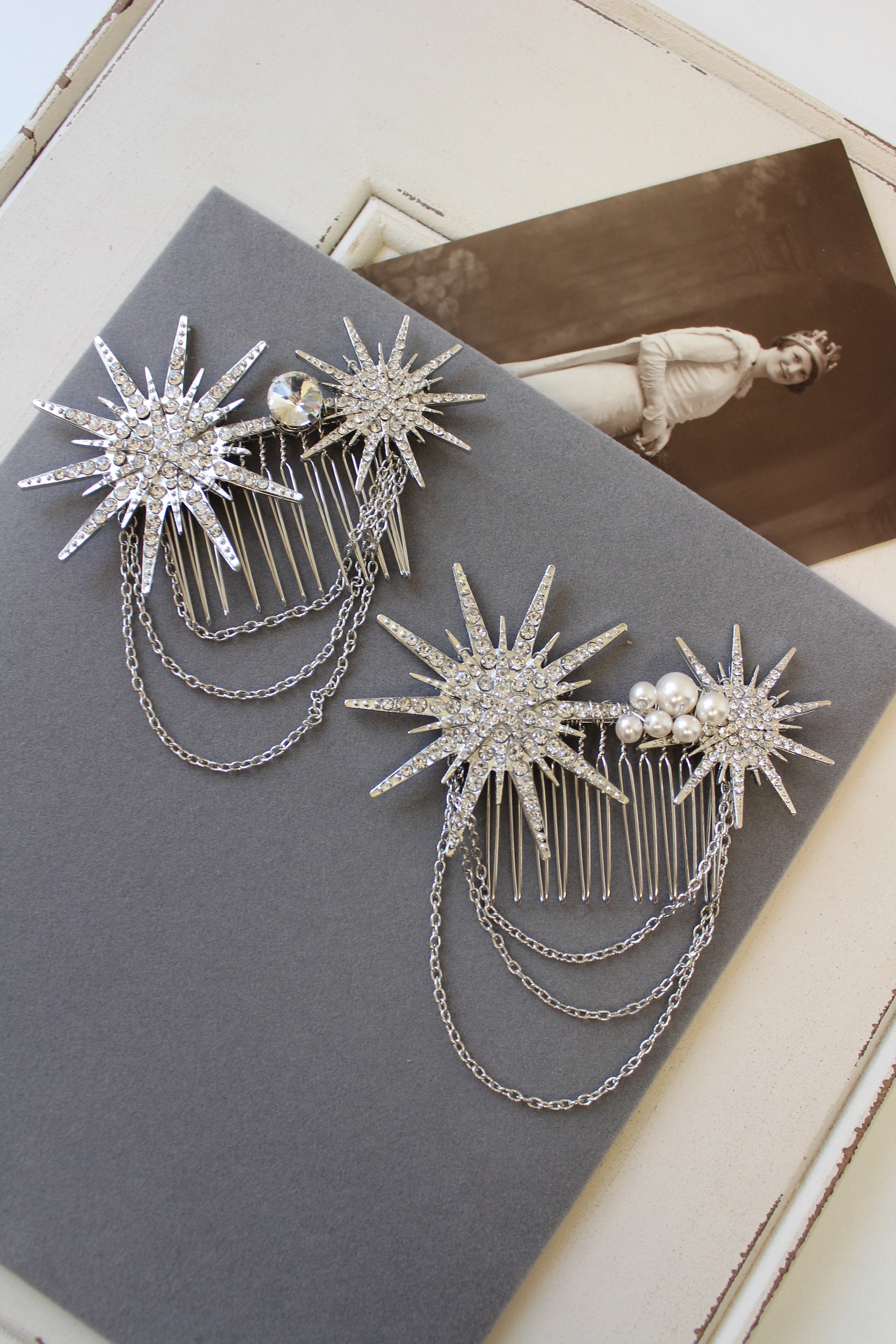 Silver Starburst Bridal Hair Comb: Celestial Star Crystal  display picture 3
