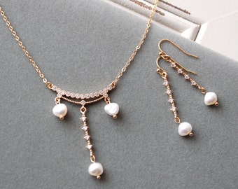 Bridal Jewellery Set: Gold Freshwater Pearl Wedding Jewelry Set For Bride, Delicate Zircon Earrings, Wedding Necklace Regency