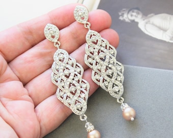 Long Pearl Drop Bridal Earrings,Rhinestone Wedding Earrings, Vintage Style Pearl Earrings, Dangle Wedding Jewelry, Great gatsby, for her