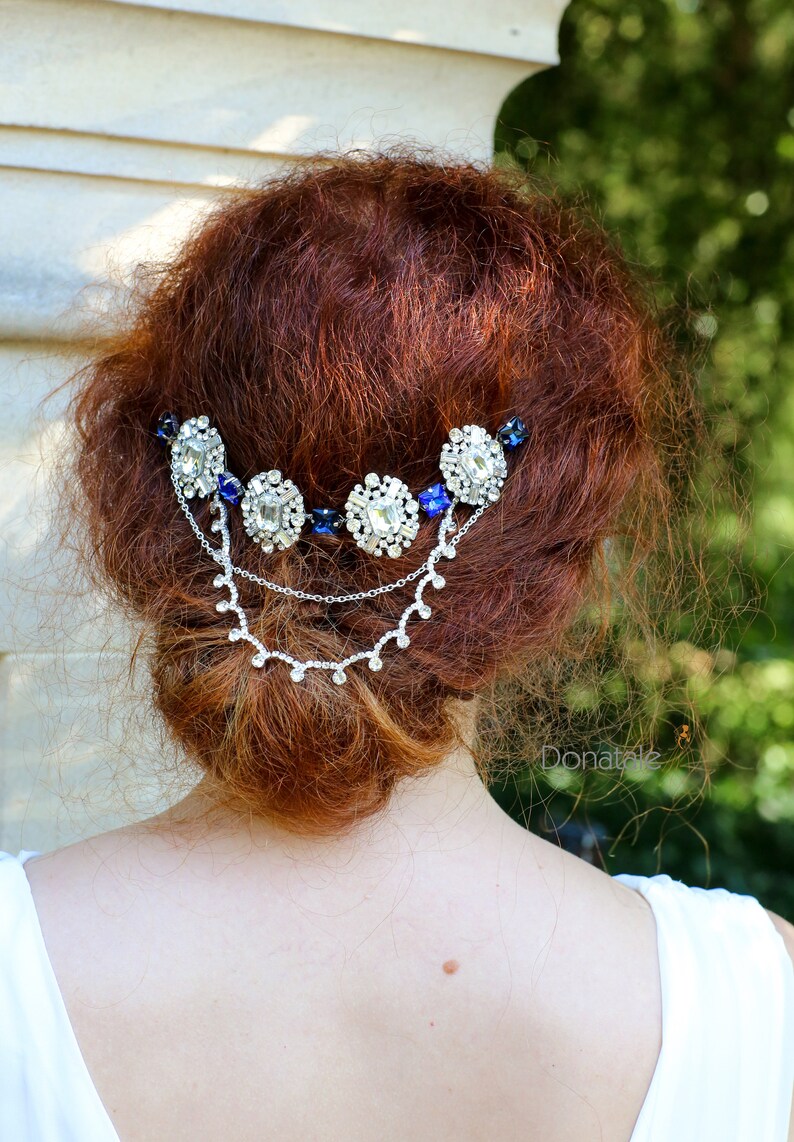 Sapphire Blue Bridal Hair Chain Art Deco Head chain Bridal Etsy