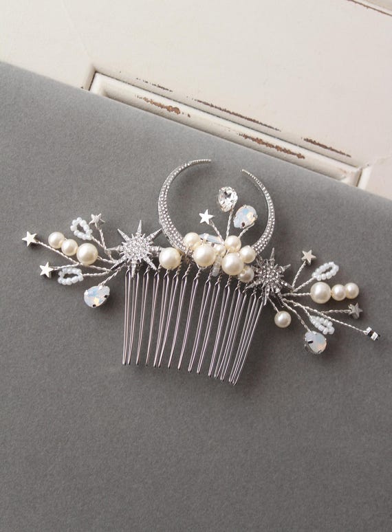 Silver Crystal Pearl Bridal Hair Comb Wedding Headpiece Starburst Rhinestone Starburst Bridal Hair Comb: Pearl Rhinestone Celestial  main image 4