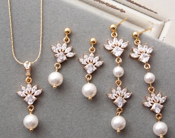 Pearl Bridal Jewellery Set: Pearl Gold Wedding Jewelry Set For Bride, Statement Earrings Necklace Regency