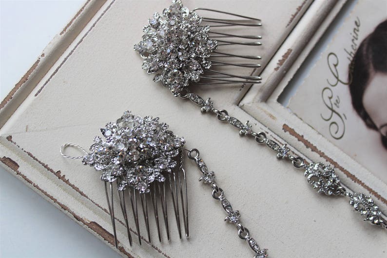 Silver Art Deco Hair Chain, Bridal headpiece Vintage Style Crystal Hair Comb, Art Deco headpiece, Bridal Hair piece, Wedding Hair accessory image 6