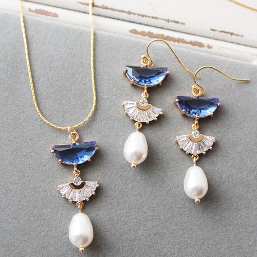 Navy Blue Earrings and Necklace Set Cubic Zirconia Wedding Etsy