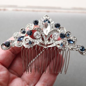 Peineta de novia Art Déco: Tocado de novia de cristal azul, tocado de novia azul marino