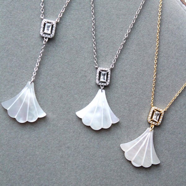 Art Deco Fan Necklace: Zircon, Mother of Pearl, Wedding Jewelry