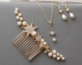 Celestial Star Hair Comb, Bridal Headpiece, Starburst Bridal jewellery set, Wedding Jewellery, Celestial Hair Accessory for bride