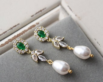 Emerald Green Bridal Earrings, Pearl drop wedding earrings ,Bridesmaid Earrings Wedding Earrings Vintage Wedding jewelry  Art Deco Earrings,