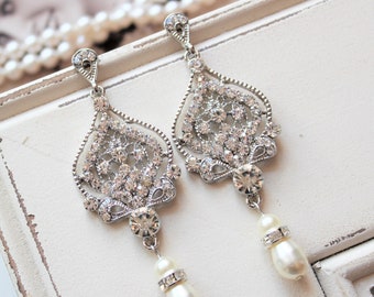 Silver  Art Deco Earrings Long Bridal earrings Dangle Pearl drop Wedding Earrings Vintage Style Crystal Pearl Earrings  Bridesmaid Earrings