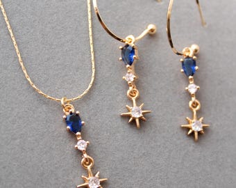 Delicate Gold Blue Celestial Jewellery Set: Star Bridal Jewellery Set Starburst Huggie Hoops  Wedding Jewelry