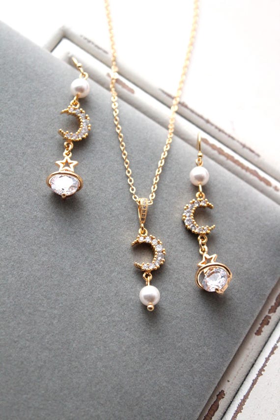 Celestial Star Necklace and Earring Set, Gold Star and Moon