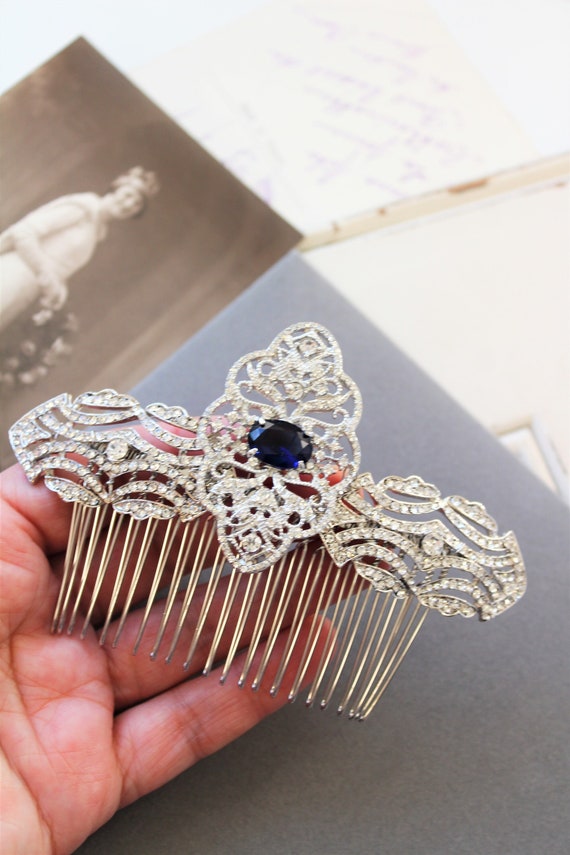Art Deco Sapphire Blue Bridal Hair Comb: Diamante 1920s  display picture 1