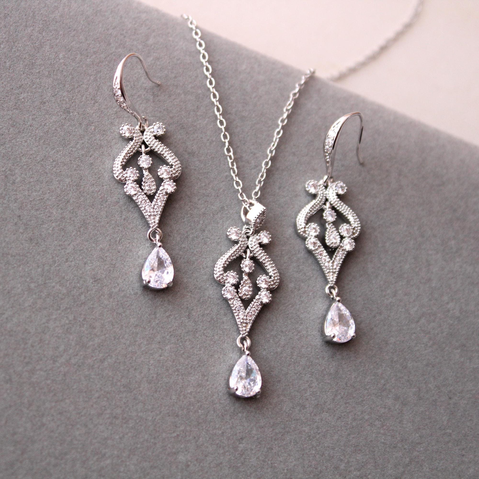 Crystal Teardrop Jewellery Set: Silver Art Deco Bridal Jewellery Set Wedding Necklace and Earrings
