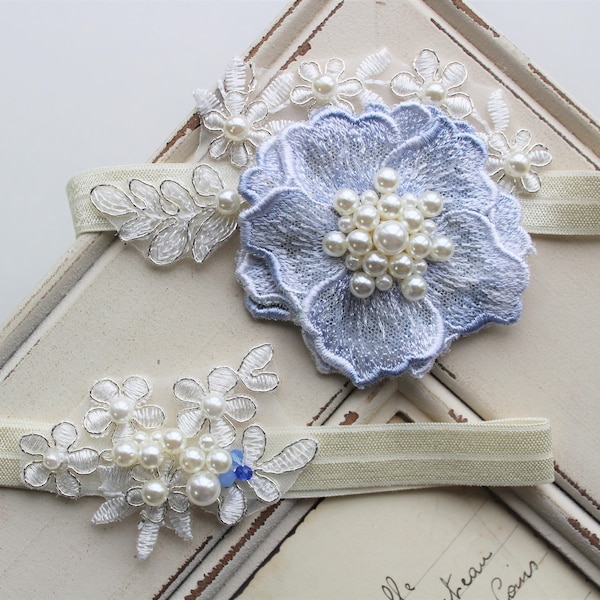 Something Blue Lace Bridal Garter Set: Vintage Flower, Pearl Garter