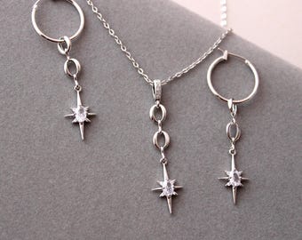 Starburst Jewellery Set: Crystal Celestial Necklace and Hoop Earrings Star Wedding Jewelry Set Statement