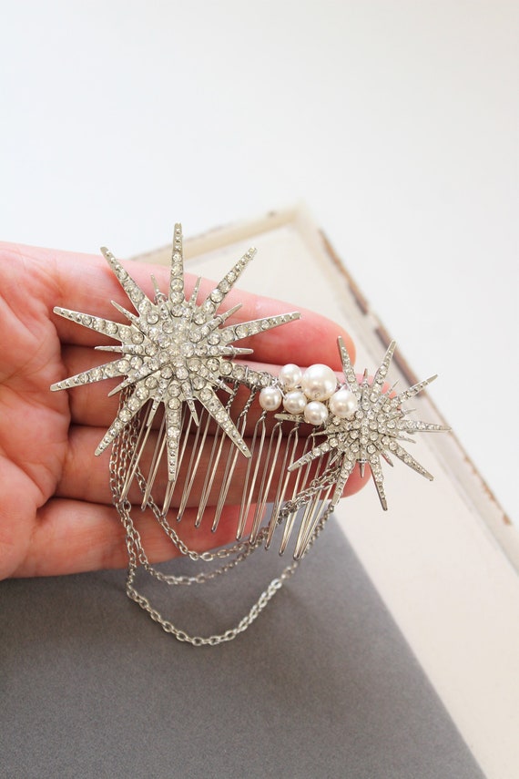 Silver Crystal Pearl Bridal Hair Comb Wedding Headpiece Starburst Rhinestone Starburst Bridal Hair Comb: Pearl Rhinestone Celestial  main image 2