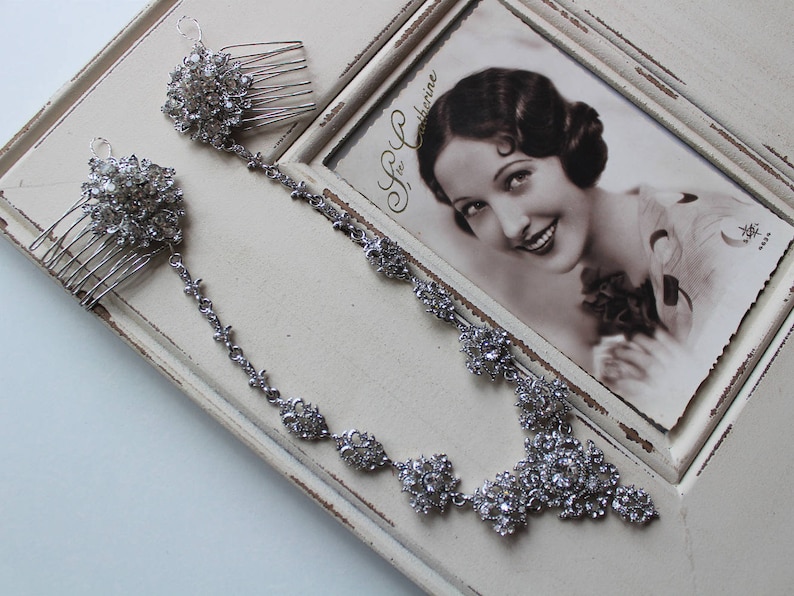 Silver Art Deco Hair Chain, Bridal headpiece Vintage Style Crystal Hair Comb, Art Deco headpiece, Bridal Hair piece, Wedding Hair accessory image 5