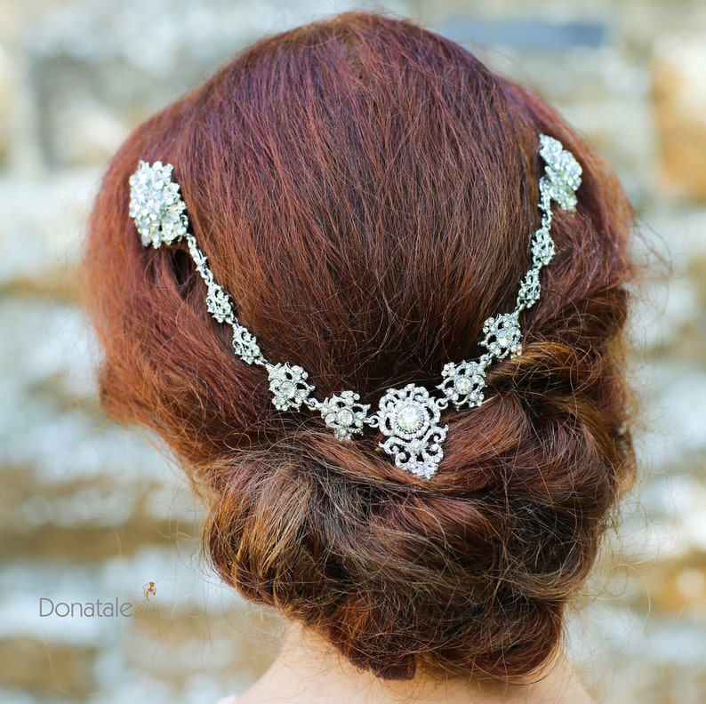 Silver Art Deco Hair Chain, Bridal headpiece Vintage Style Crystal Hair Comb, Art Deco headpiece, Bridal Hair piece, Wedding Hair accessory image 1