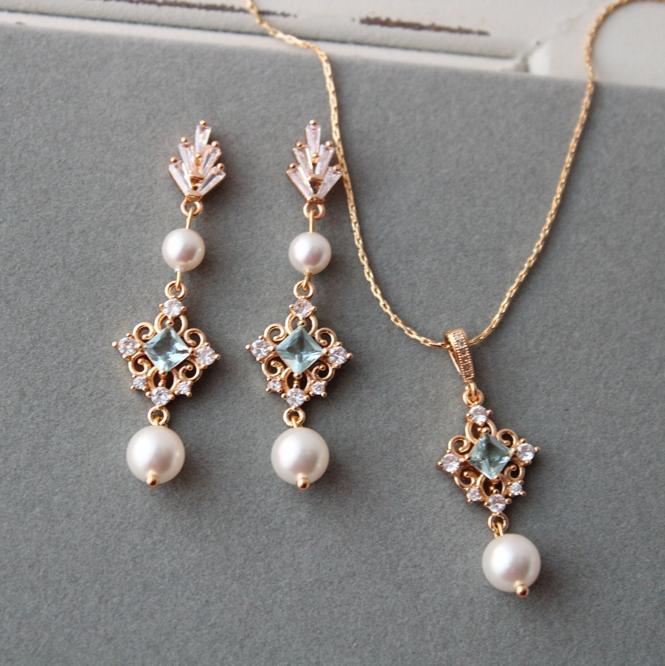 Gold Light Blue Bridal Earrings, Pearl drop Wedding Earring and necklace set, Art deco earrings, Bridal jewellery set for bride Prom jewelry