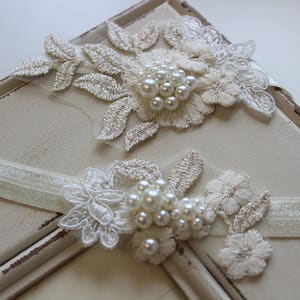 Bridal Garter , Wedding Garter, Lace garter , Vintage style Garter, Flower Garter ,Ivory Cream Gold Garter , Stretch Lace Garter Set image 3