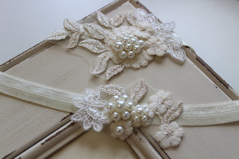 Bridal Garter , Wedding Garter, Lace garter , Vintage style Garter, Flower Garter ,Ivory Cream Gold Garter , Stretch Lace Garter Set image 3