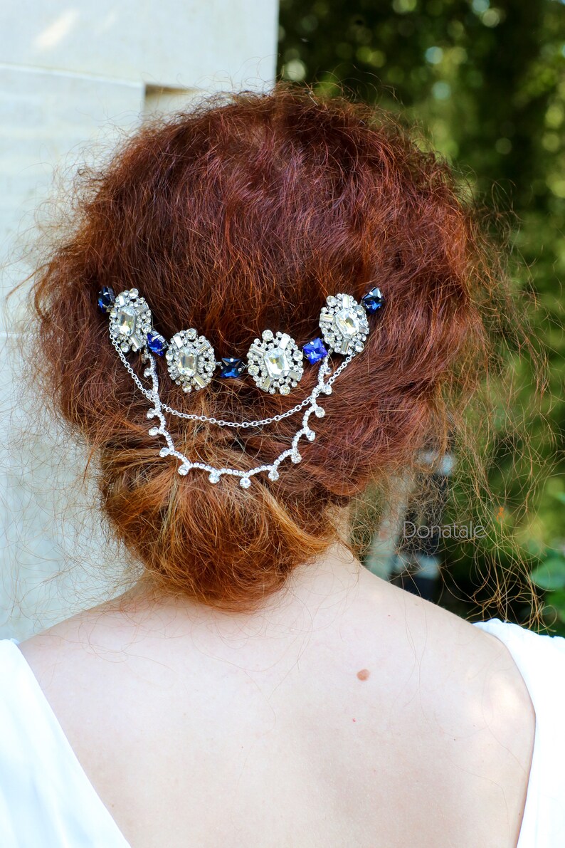 Sapphire Blue Bridal Hair Chain Art Deco Head chain Bridal Etsy