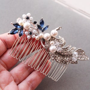 Sapphire Blue Wedding Hair comb Bridal Hair Comb 1920s Art Deco  Hair Comb Navy Blue  Rhinestone Bridal Headpiece, Wedding Hair Accessory