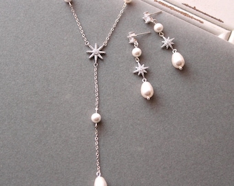 Starburst Bridal Jewellery Set:  Pearl Drop Y Necklace Earrings Celestial Star Wedding Jewellery Set