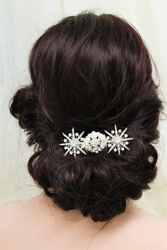 Silver Star Crystal Bridal Hair Comb: Vintage Style  display picture 3