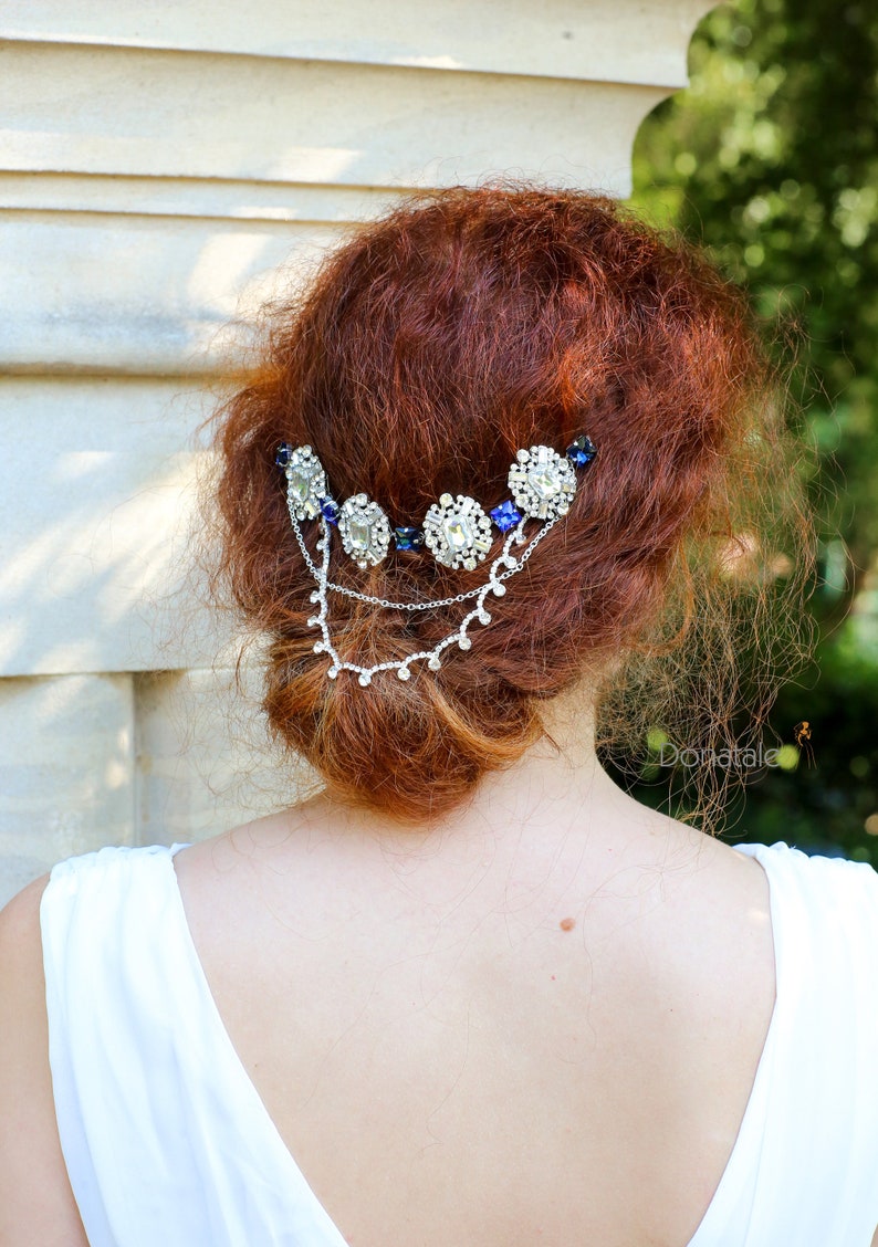 Sapphire Blue Bridal Hair Chain Art Deco Head chain Bridal Etsy