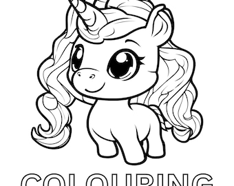 May include: Black and white line art of a cartoon unicorn with a horn and flowing mane. The word "UNICORN" is above the unicorn, and "COLOURING BOOK!!" is below it. This image is suitable for coloring.