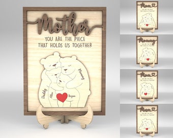 Signo de rompecabezas personalizado del Día de las Madres svg, Rompecabezas de la familia del oso SVG, Regalo para mamá, Regalos del Día de las Madres svg, Archivos svg Glowforge, Archivos cortados con láser