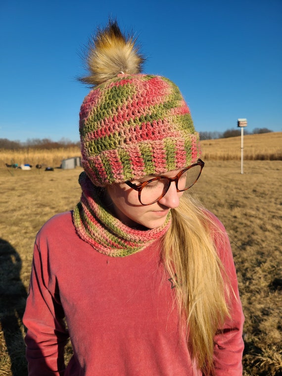 100% Pink and Green Alpaca Wool Hat and 