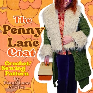 May include: The Penny Lane Coat crochet and sewing pattern. A woman wears a green crochet coat with a white faux fur collar and cuffs. The coat is open and the woman is holding a brown and beige toolbox.
