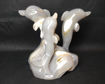 Agate Dolphin Statue Trio | HandCarved Gemstone Sculpture | Ocean Theme Marine Animal Home Ornament