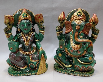 Green Jade Lakshmi Ganesha Pair, Lord Ganesha, Goddess Lakshmi, Indian Handicrafts, Home decorative statues, Religious Spiritual Decoratives