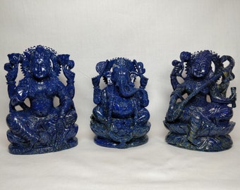 Blue Lapis Lazuli Lakshmi Ganesh Saraswati sculpture Figurines, Ancient mythology art, Gemstone God Statues, Handcarved Indian God Goddess