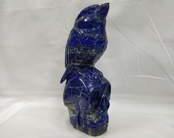 Handcarved Lapis Lazuli Eagle Sitting on Skull Statue, Natural Gemstone Gothic Home Decor