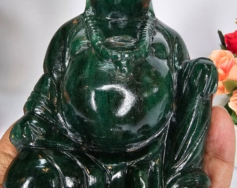 グリーン翡翠の幸せな笑い仏、平和の禅仏、菩薩、瞑想の装飾、ヨガの像